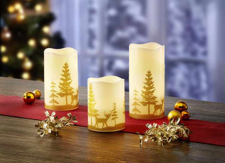 Weihnachtliche Dekorationen - LED-Echtwachskerzen, 3-er-Set, in Farbe GOLD