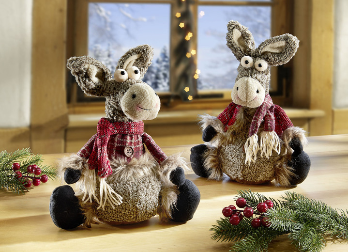 Weihnachtliche Dekorationen - Esel, 2er-Set, von Hand gefertigt, in Farbe GRAU-ROT