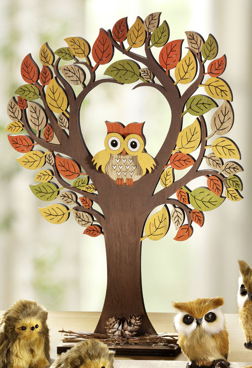 Wohnaccessoires - Baum mit Eule aus Holz, in Farbe BRAUN-GRÜN-TERRA