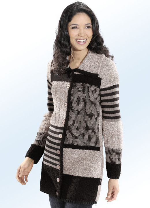 - Long-Strickjacke mit Baumwolle und in Garnmix, in Größe 038 bis 050, in Farbe SAND MELIERT-TAUPE-SCHWARZ