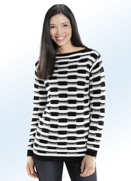 - Pullover mit pfiffigem Struktur- und Streifendessin, in Größe 038 bis 052, in Farbe SCHWARZ-ECRU