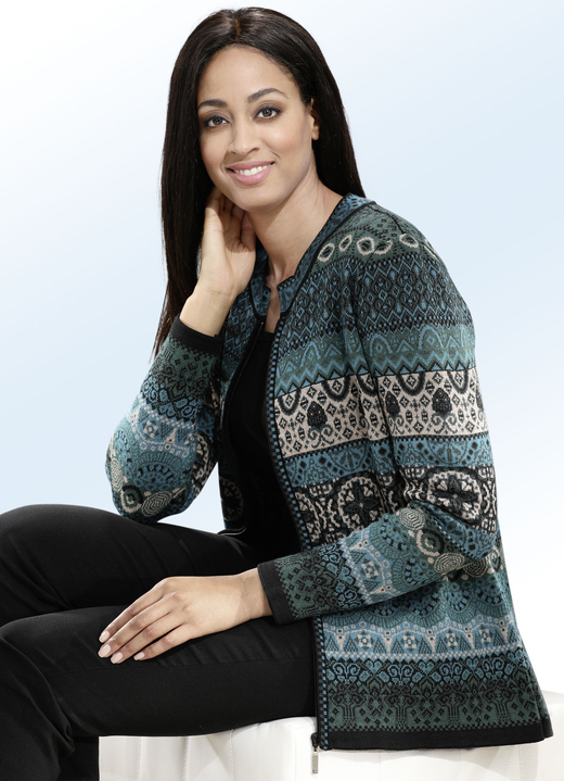 Strickjacken - Strickjacke mit Schurwolle Strickjacken - Strickjacke mit Schurwolle, in Größe 038 bis 052, in Farbe PETROL-BEIGE_MULTICOLOR