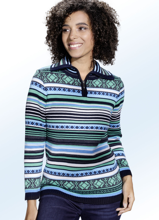 - Pullover mit Baumwolle und in Ringel-Mustermix, in Größe 038 bis 052, in Farbe MARINE-JADEGRÜN-MULTICOLOR
