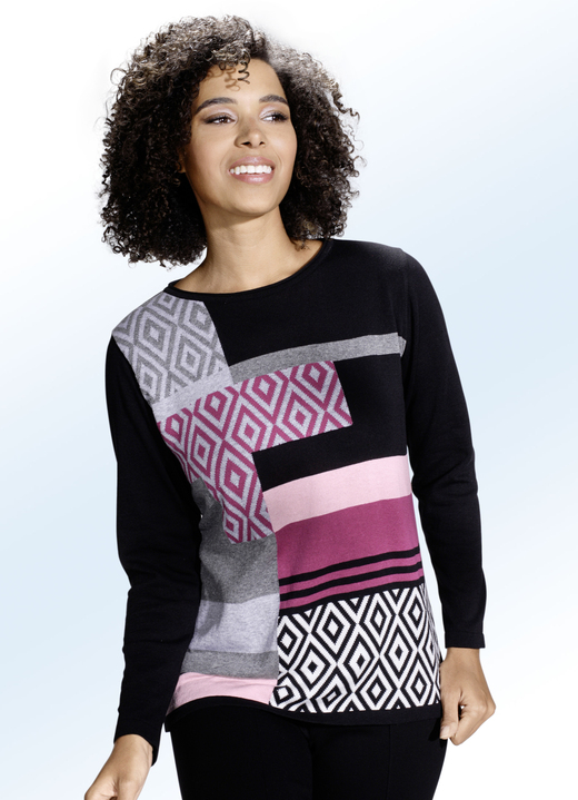 - Pullover mit Baumwolle und Intarsiendessin, in Größe 038 bis 054, in Farbe SCHWARZ-BEERE-MULTICOLOR