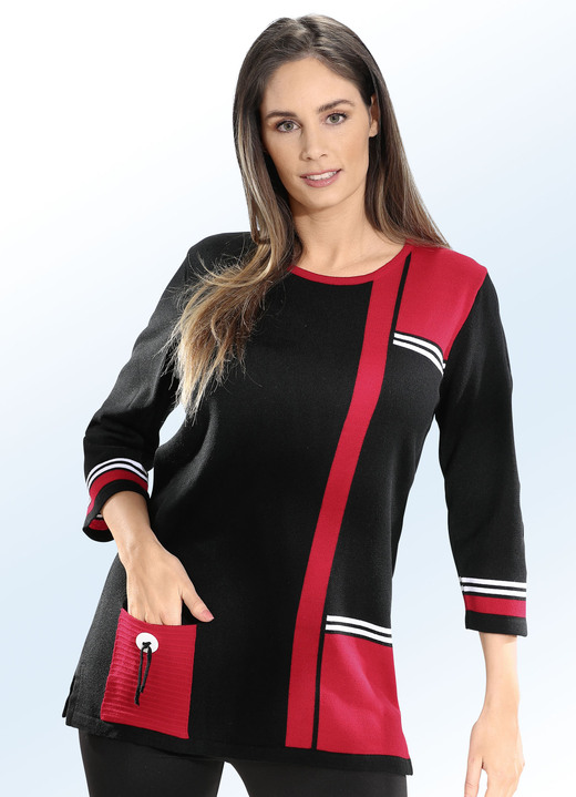 Pullover - Pullover mit dekorativen Kontrasten, in Größe 040 bis 060, in Farbe SCHWARZ-FEUERROT-WEISS Ansicht 1