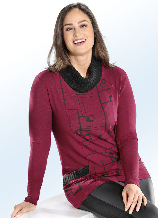 - Shirt-Tunika im Materialmix, in Größe 040 bis 060, in Farbe WEINROT-SCHWARZ