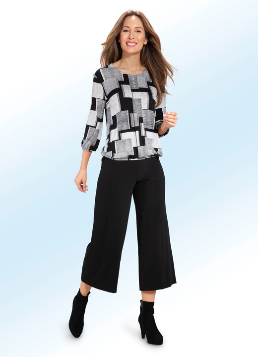 Tuniken - Shirt-Tunika mit Schmuckknöpfen, in Größe 036 bis 052, in Farbe SCHWARZ-ECRU Ansicht 2