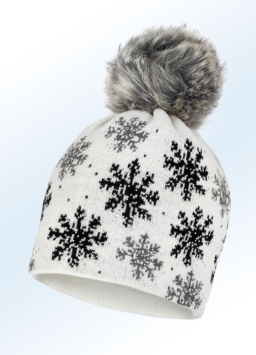 - Pfiffige Feinstrick-Mütze mit Schneeflocken-Dessin, in Farbe WEISS Ansicht 1