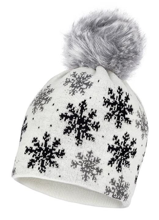 Mützen & Hüte - Trendige Damen-Mütze, mit Schneeflocken-Dessin Mützen & Hüte - Trendige Damen-Mütze, mit Schneeflocken-Dessin, in Farbe WEISS