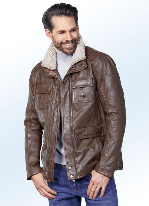 - Lederkurzjacke mit Druckerleiste und Reißverschluss, in Größe 046 bis 064, in Farbe MITTELBRAUN Ansicht 1