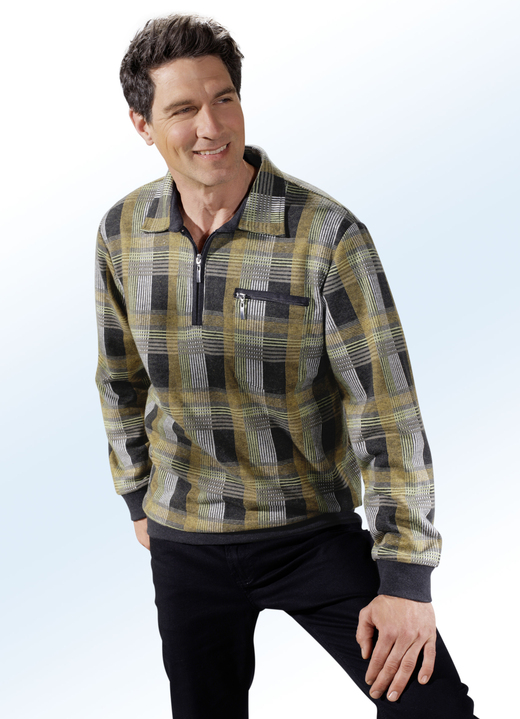 Sweatshirts - Einzigartiges Poloshirt mit Karo-Dessin, in Größe 046 bis 062, in Farbe ANTHRAZIT-BUNT