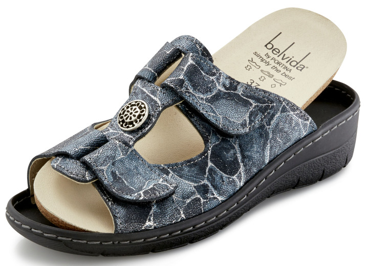 - Pantolette aus glänzend geprägtem und bedrucktem Veloursleder, in Größe 036 bis 042, in Farbe BLAU Ansicht 2