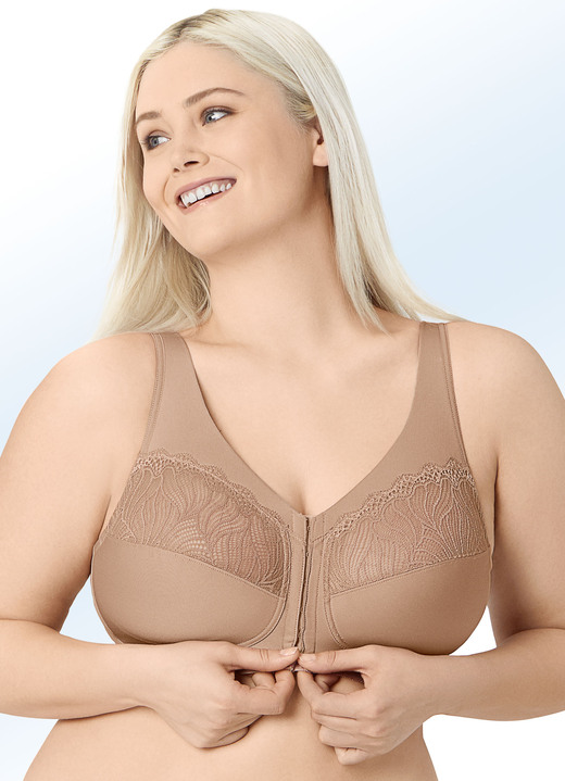 - Glamorise Stütz-BH mit Vorderverschluss, in Größe 090 bis 130, in Cup E, in Farbe KARAMELL