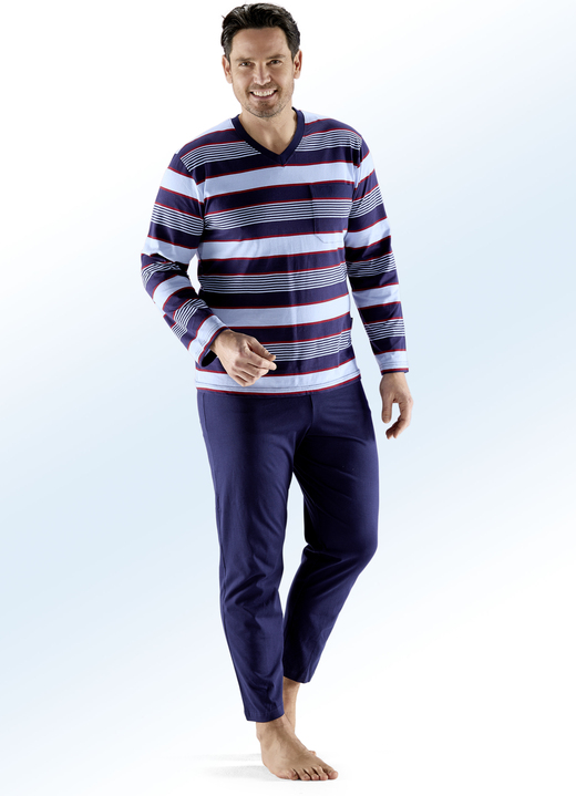 - Zweierpack Schlafanzüge mit V-Ausschnitt, Brusttasche, garngefärbtem Ringeldessin, in Größe 046 bis 062, in Farbe 1X GRAU-BUNT, 1X MARINE-BUNT Ansicht 2