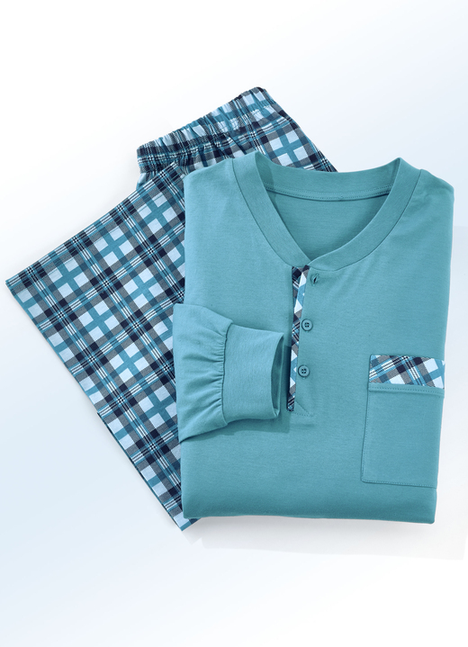 Schlafanzüge - Zweierpack Schlafanzüge mit Knopfleiste, Brusttasche und Bündchenärmeln, in Größe 046 bis 062, in Farbe 1X ANTHRAZIT-GRÜN, 1X PAZIFIK-TÜRKIS Ansicht 3