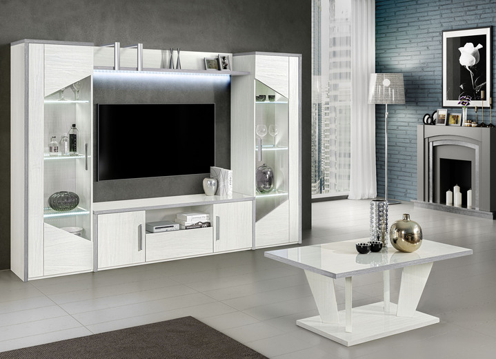 - Wohnwand mit LED-Beleuchtung und Softclose, in Farbe BIRKE W.-SILBER