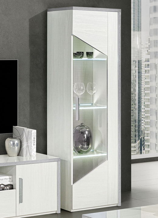 - Möbelserie mit LED-Beleuchtung und Softclose, in Farbe BIRKE W.-SILBER, in Ausführung Vitrine, Türanschlag rechts Ansicht 1