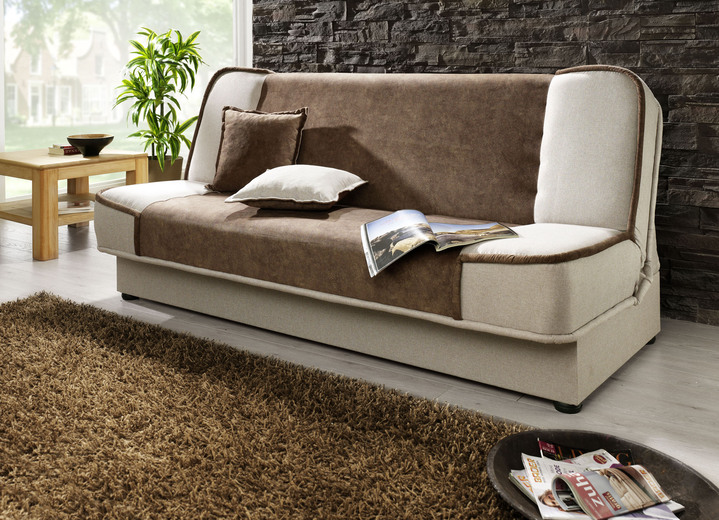 - Schlafsofa mit Bettkasten und Dekokissen, in Farbe BRAUN-BEIGE