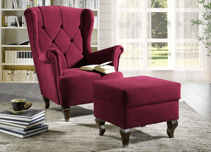 - Eleganter Ohrenbackensessel mit Hocker, in Farbe ROT