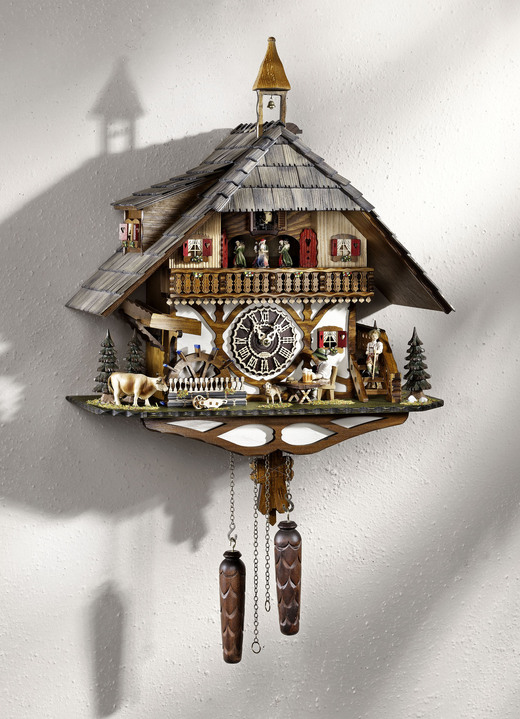 Uhren - In Handarbeit gefertigte Kuckucksuhr aus Holz, in Farbe , in Ausführung Mit Balkon, Kuh und Hund