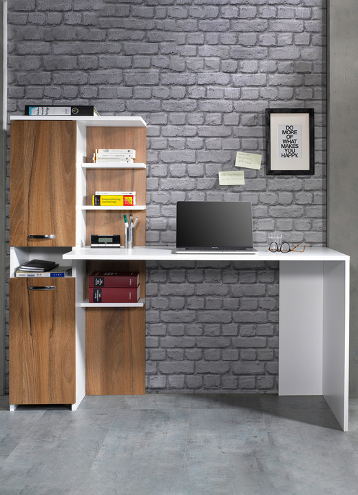 - Schreibtisch mit Schrank, in Farbe WEISS-NUSSBAUM