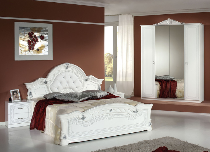 Bettgestelle - Schlafzimmer-Set, 4-teilig, mit Hochglanz-Oberfläche, in Farbe WEIß-SILBER, in Ausführung Set mit 4-türigem Kleiderschrank Ansicht 1