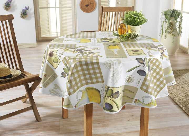 - Abwaschbare Wachstuch-Serie mit Oliven-Motiven, in Größe 180 (Tischdecke, 80/ 80 cm) bis 230 (2 Platzsets 34/ 47 cm), in Farbe GRÜN