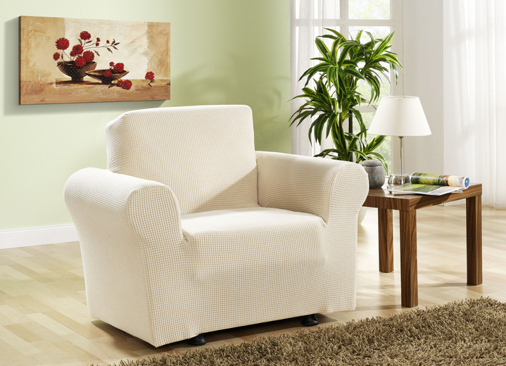 Sessel- & Sofaüberwürfe - Stretchbezüge in strapazierfähiger Qualität, in Größe 101 (Sesselbezug) bis 105 (TV-Sessel-Bezug), in Farbe CREME Ansicht 1