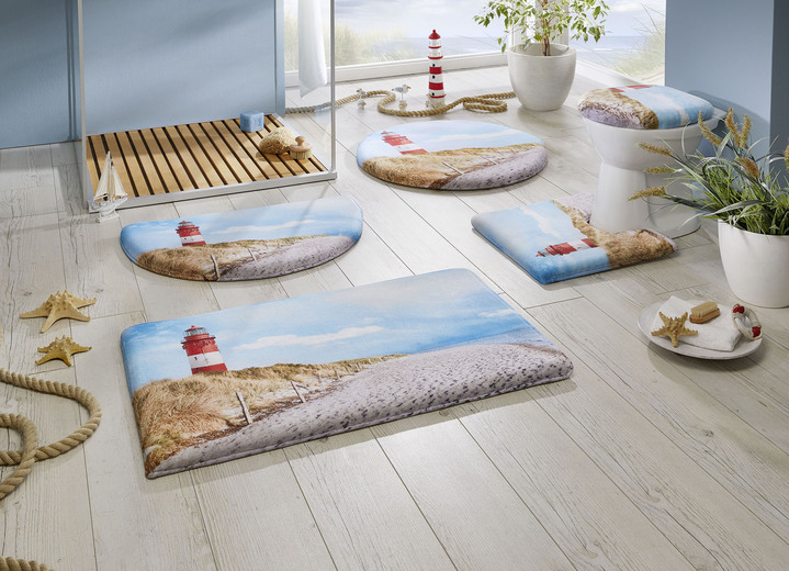 Badgarnituren - Maritime Badgarnitur mit rutschhemmender Rückseite, in Größe 106 (Teppich rund, ø 80 cm) bis 109 (Hänge-WC-Vorleger, 50/ 50 cm), in Farbe BLAU Ansicht 1