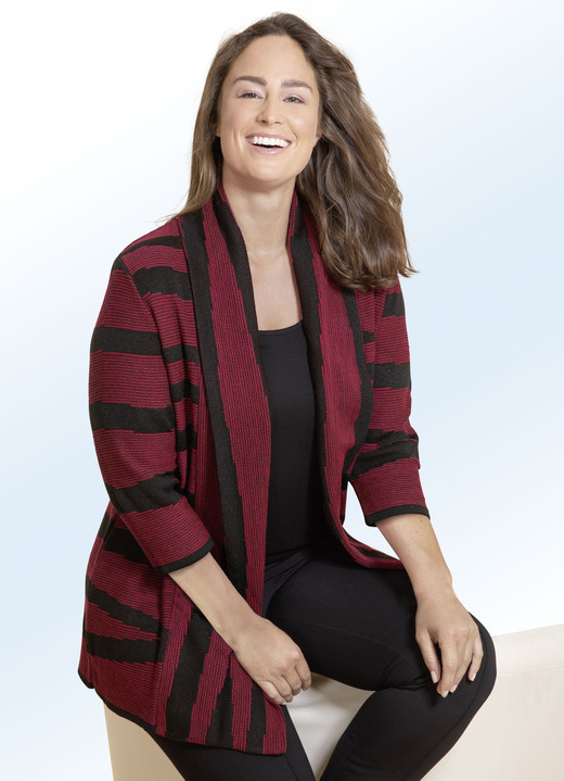 - Long-Strickjacke mit aufwendigem Muster, in Größe 040 bis 060, in Farbe ROT-SCHWARZ