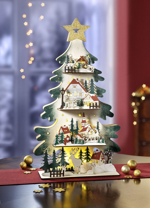 Weihnachtliche Dekorationen - Beleuchteter Tannenbaum aus Holz, in Farbe BUNT