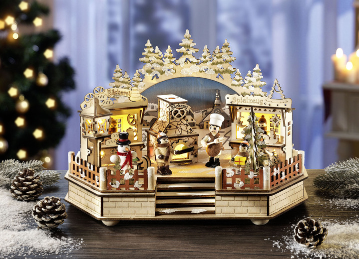 Weihnachtliche Dekorationen - Beleuchtete Spieldose aus Holz, batteriebetrieben, in Farbe NATUR