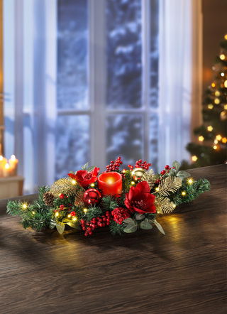 Gestecke & Kränze - Tischgesteck mit LED-Echtwachskerze – Farbe ROT Gestecke & Kränze - Tischgesteck mit LED-Echtwachskerze, in Farbe ROT