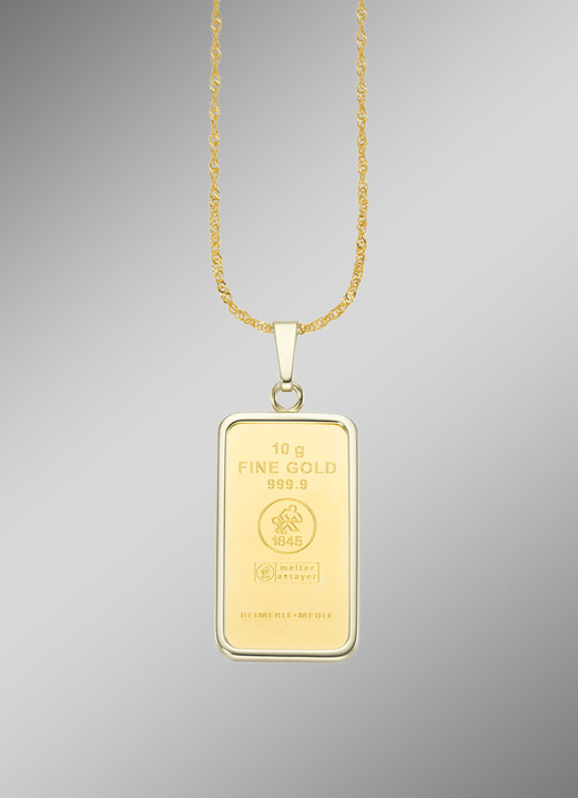 Anhänger - Feingoldbarren-Anhänger aus dem Hause Heimerle + Meule, in Farbe , in Ausführung 10 g Feingold 999,9 inkl. Kette Gold 585/- fein Ansicht 1