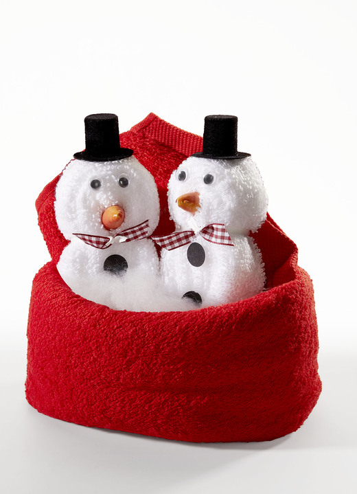 Weihnachtliche Geschenkideen - Frottier-Schneemannpaar aus 100% Baumwolle, in Farbe WEISS-ROT