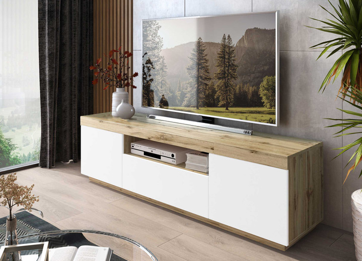 - Modernes TV-Longboard mit Push-to-open-System, in Farbe EICHE-WEISS