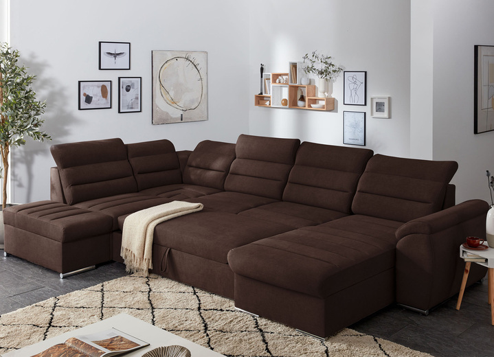 - Polstermöbel mit Bettfunktion und Kopfteilverstellung, in Farbe BRAUN, in Ausführung Wohnlandschaft, 215x350x180 cm