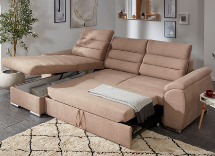 - Polstermöbel mit Bettfunktion und Kopfteilverstellung, in Farbe BEIGE, in Ausführung Polsterecke, 180x288 cm – Farbe BEIGE – Ansicht 
