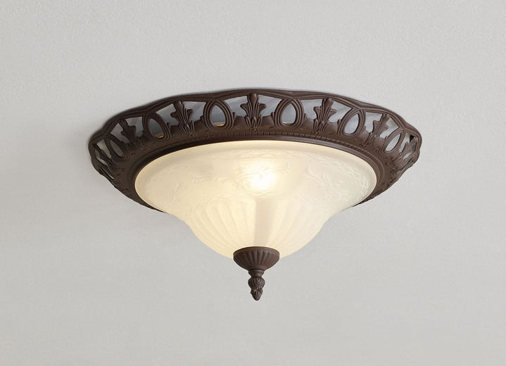 Deckenleuchten - Leuchtenserie aus Metall mit Glasschirmen Ansicht 2 Deckenleuchten - Leuchtenserie aus Metall mit Glasschirmen, in Farbe ROST, in Ausführung Deckenleuchte, 3-flammig Ansicht 2