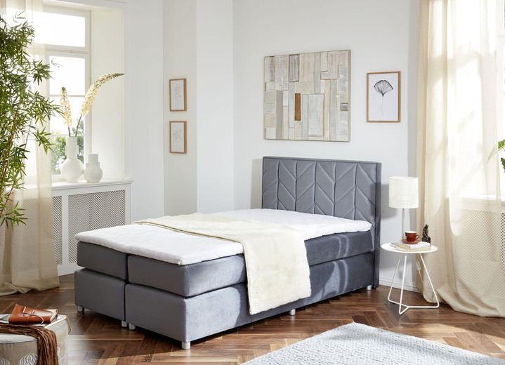 - Exklusives Boxspringbett mit gepolstertem Kopfteil, in Farbe GRAU