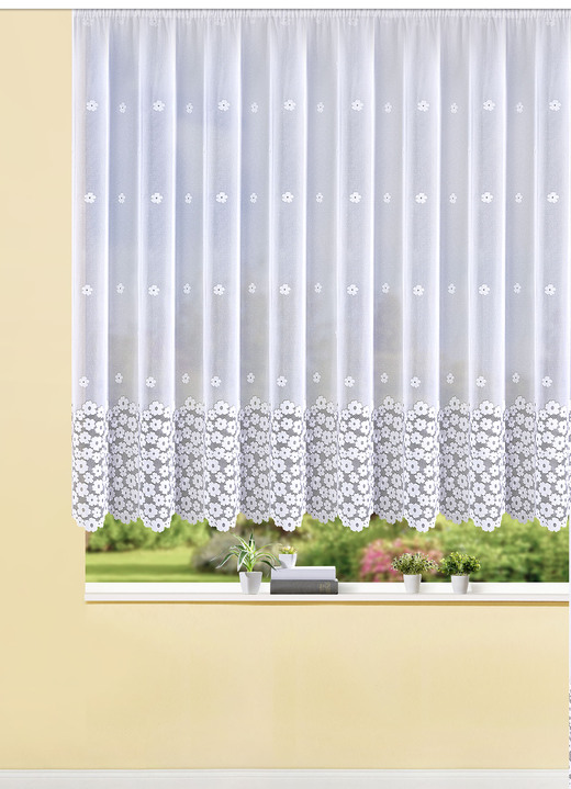 - Halbtransparenter Blumenfensterstore mit Blümchen-Motiv, in Größe 145 (120x600 cm) bis 165 (145x600 cm), in Farbe WEISS Ansicht 1