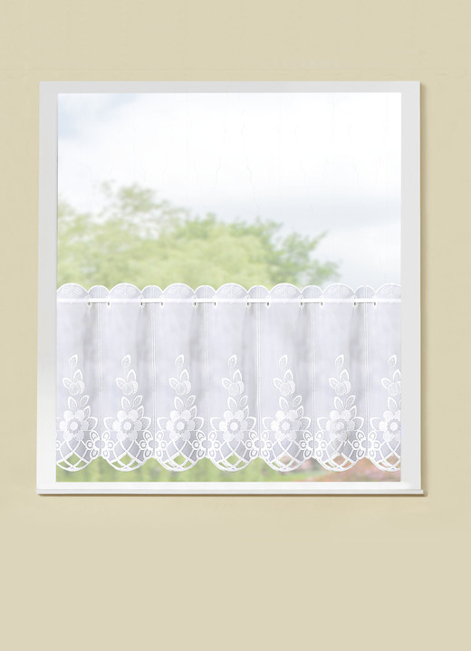 Kurzgardinen - Filigraner Kurzstore mit Stangendurchzug , in Größe 664 (Kurzstore, H30xB150 cm) bis 796 (Kurzstore, H45xB300 cm), in Farbe WEIß Ansicht 1