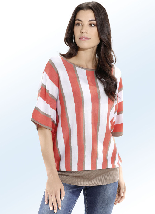 - Pullover in der Länge variabel zu tragen, in Größe L(44/46) bis XS(32/34), in Farbe MANDARINE-WEISS-NUGAT