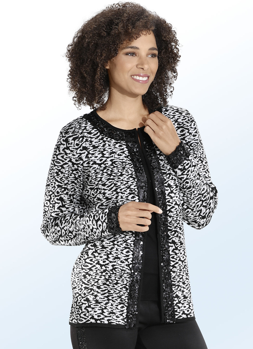 - Strickjacke mit Paillettenbesätzen und in sehr weichem Griff, in Größe 038 bis 054, in Farbe SCHWARZ-WEISS