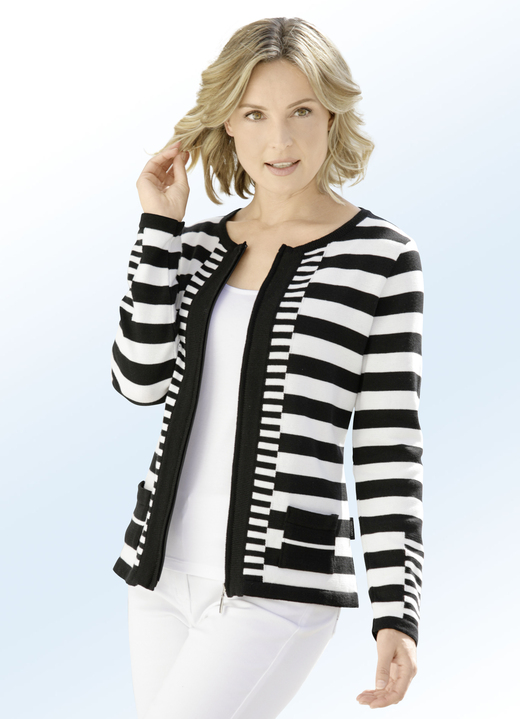 Strickjacken - Strickjacke in dekorativem Streifendessin Ansicht 3 Strickjacken - Strickjacke in dekorativem Streifendessin, in Größe 036 bis 052, in Farbe GRAU-ECRU Ansicht 3
