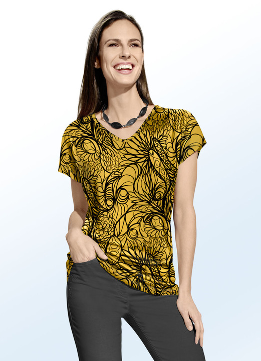 Kurzarm - Shirt mit leicht abgerundetem Saumabschluss, in Größe 038 bis 054, in Farbe SONNENGELB-SCHWARZ