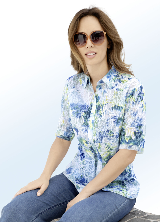Kurzarm - Zart transparente Bluse Ansicht 2 Kurzarm - Zart transparente Bluse, in Größe 036 bis 052, in Farbe BLEU-BUNT Ansicht 2