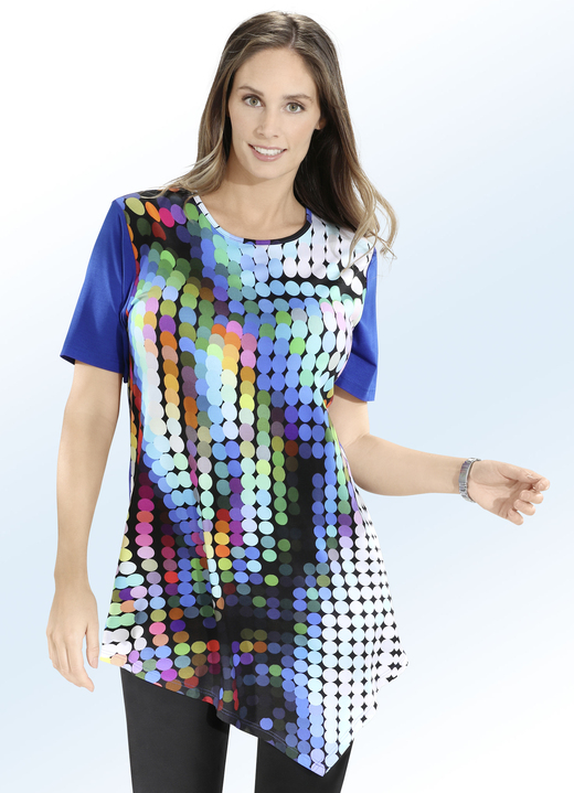 Kurzarm - Longshirt mit zipfeligem Saumabschluss, in Größe 040 bis 060, in Farbe ROYALBLAU-BUNT