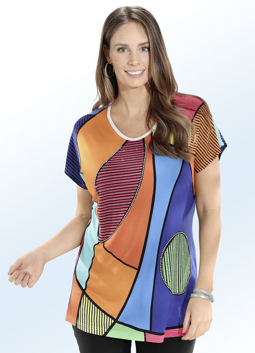 Kurzarm - Longshirt mit Einfass am Ausschnitt, in Größe 040 bis 060, in Farbe MULTICOLOR