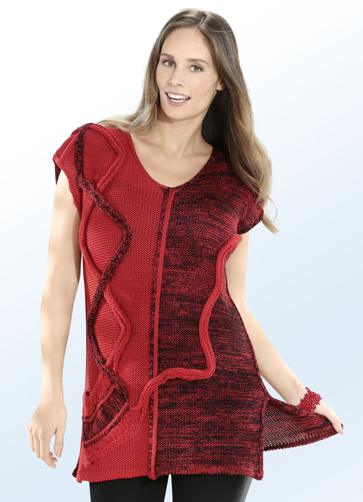 Pullover & Strickmode - Strick-Tunika mit Strickbandzier, in Größe 3XL(56/58) bis XXL(52/54), in Farbe ROT-SCHWARZ